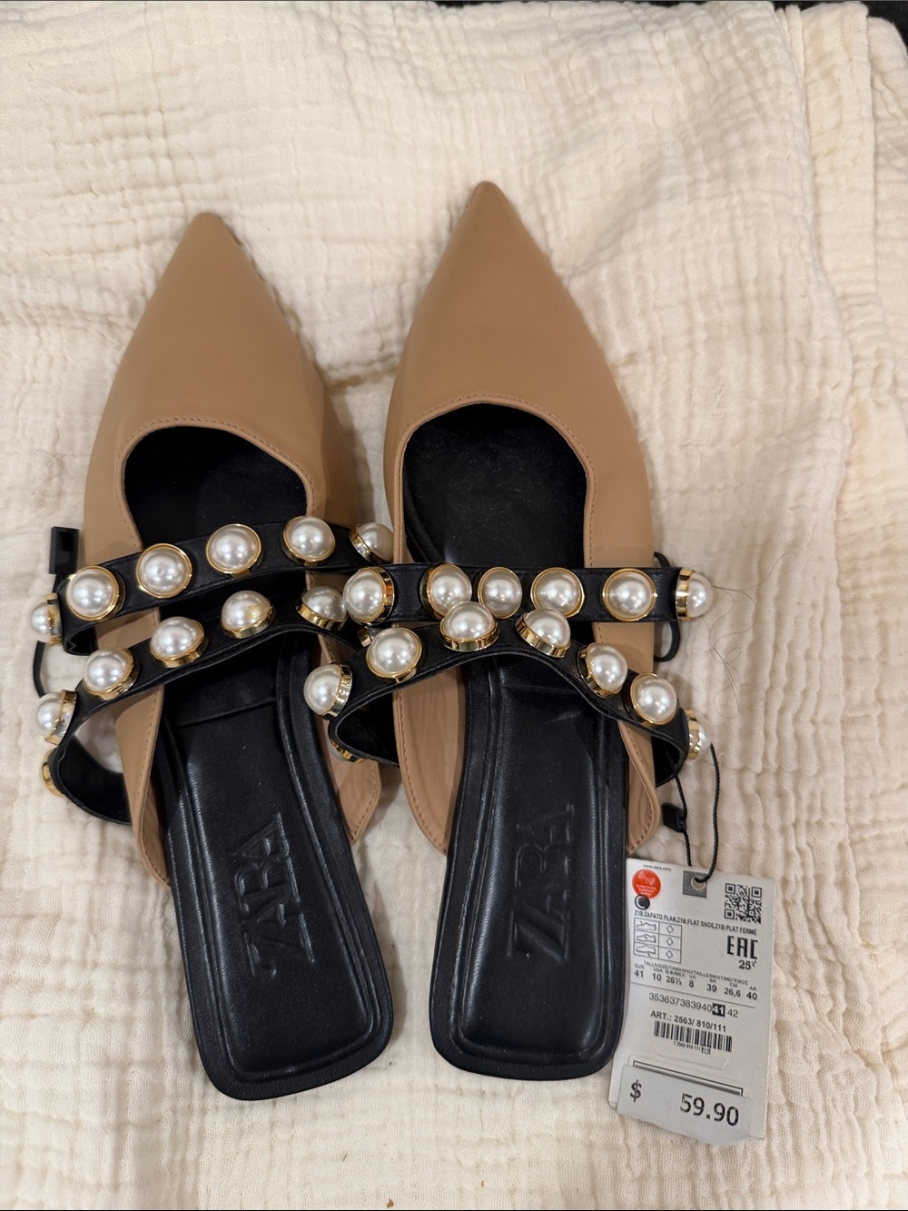 Zara Tan Pointed Toe Mules with Black Pearl-Strap Detail